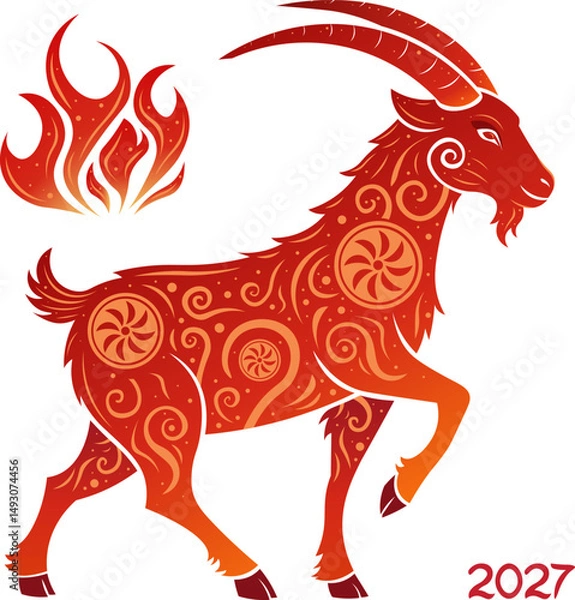 Fototapeta Symbol of the new year 2027 red fire goat. Ornament red fire goat. Chinese New Year 2027. Illustration for a banner with the symbol of the new year. Red fire goat - symbol of the new year 2027