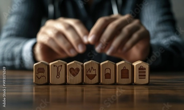 Fototapeta Doctor thoughtfully considering healthcare options represented by wooden blocks with healthcare