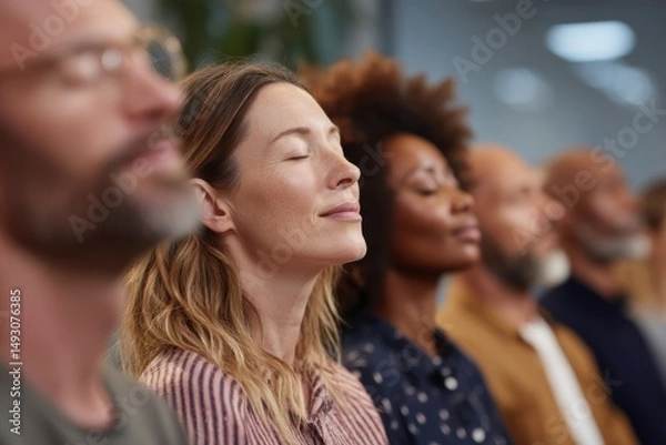 Obraz Diverse Group Meditating With Eyes Closed in a Row, Representing Mindfulness and Corporate Wellness Programs, Promoting Mental Health and Employee Wellbeing : Generative AI