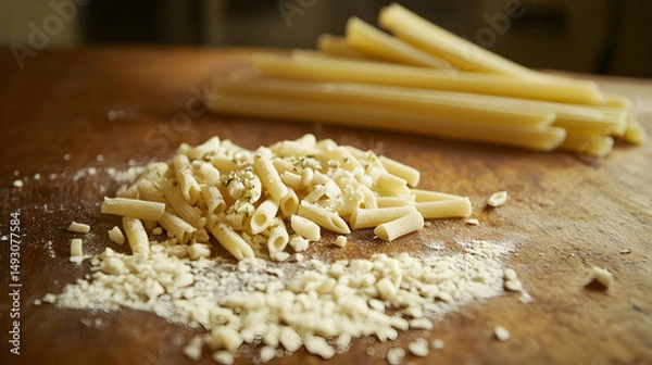 Obraz Raw Pasta and Flour on Wooden Surface with Uncooked Noodles