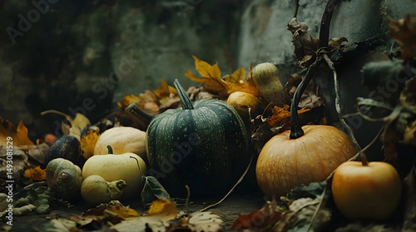 Fototapeta Autumn Harvest Display with Colorful Pumpkins and Fallen Leaves