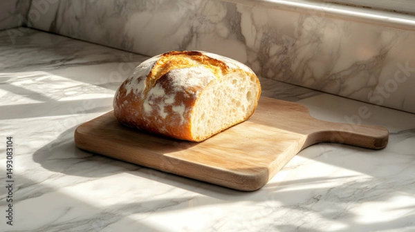 Obraz Freshly Baked Artisan Bread on a Wooden Cutting Board in Light