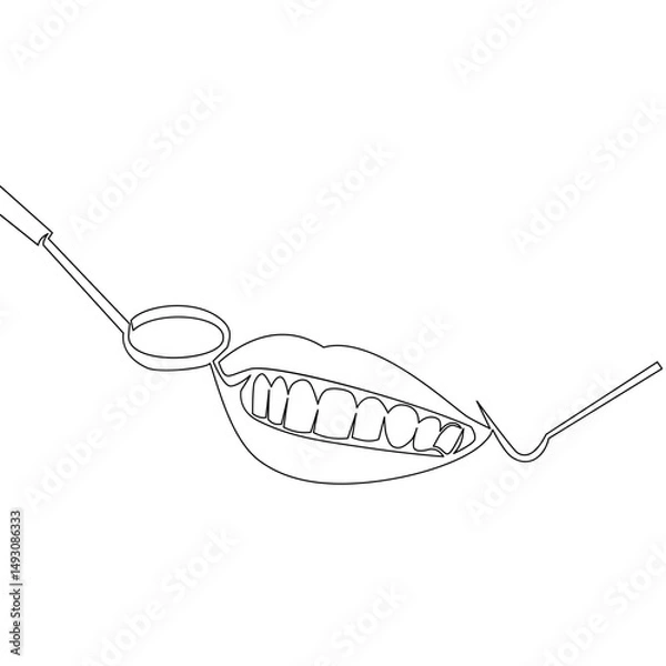 Fototapeta Continuous one single line drawing Close-Up of Smile with Dental Tools icon vector illustration concept