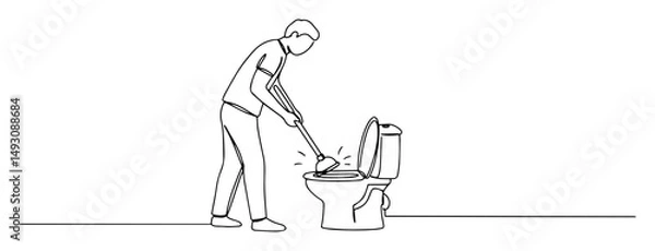 Fototapeta person unclogging toilet with plunger monoline shape vector