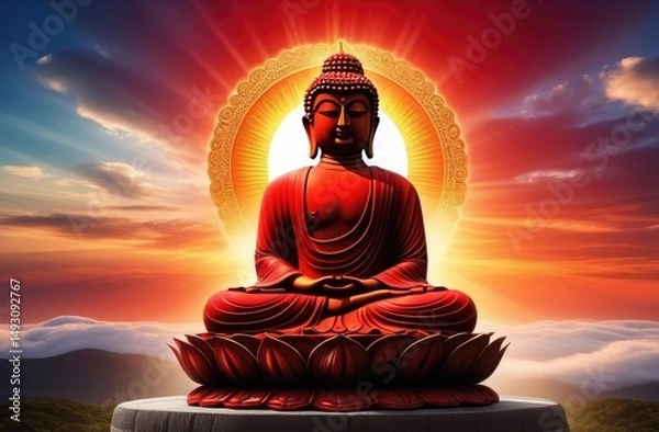 Fototapeta Serene red Buddha statue seated on a lotus pedestal, illuminated by a radiant halo, surrounded by clouds and mountains at sunset, symbolizing peace and enlightenment