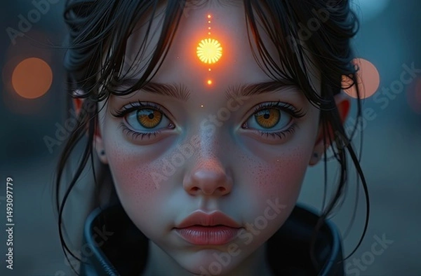 Fototapeta Young girl with captivating golden eyes and intricate facial details, wearing a dark jacket, illuminated by a glowing symbol on her forehead, creating a mystical and enchanting atmosphere in the scene