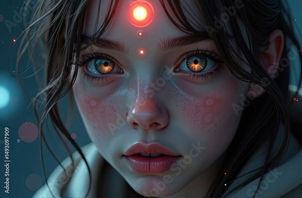 Fototapeta Close-up portrait of a young woman with striking features and glowing eyes, surrounded by ethereal lights, showcasing a futuristic aesthetic and captivating expression in a dreamlike atmosphere