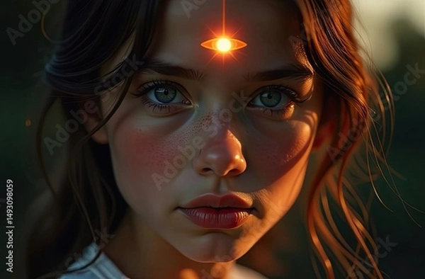 Fototapeta Young woman with captivating eyes and glowing third eye symbol on forehead, illuminated by soft light, showcasing an ethereal and mystical atmosphere, representing inner vision and spiritual awakening