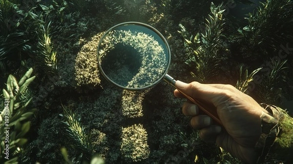 Fototapeta Seeking life s secrets with a magnifying glass amid lush foliage and discovering new worlds using