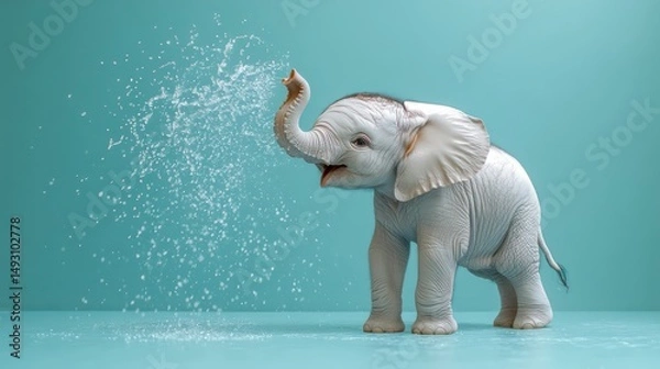 Obraz Cheerful baby elephant sprays water playfully, soft pastel blue background, gentle splashes.