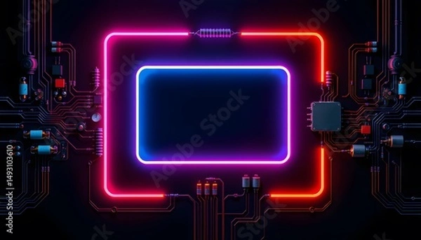 Fototapeta A digital  themed image with neon  lit frames on a circuit board background, featuring a central empty space. 