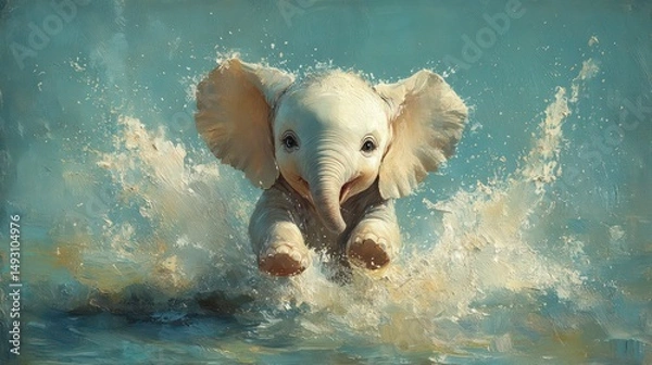 Obraz Cheerful baby elephant sprays water playfully, soft pastel blue background, gentle splashes.
