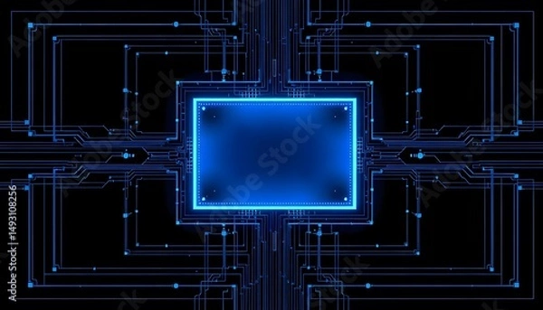Fototapeta A blue  lit central square surrounded by intricate, glowing blue circuit  like patterns on a black background. 