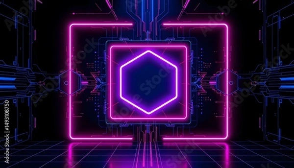 Fototapeta A futuristic scene with neon  lit pink and blue frames enclosing a central hexagon on a grid  like floor. 