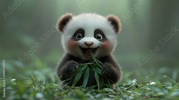 Obraz Cheerful baby panda munches bamboo leaves with soft light green forest background.