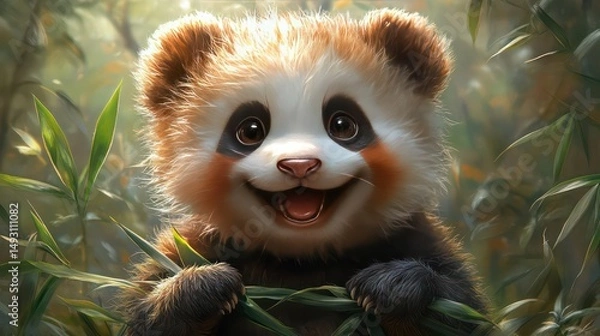 Obraz Cheerful baby panda munches bamboo leaves with soft light green forest background.
