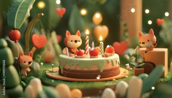 Obraz Woodland animals celebrate in a magical forest cake party enchanted nature scene playful viewpoint whimsical concept