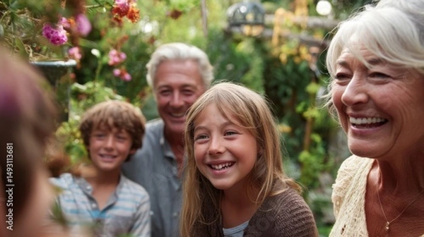 Fototapeta Multi-Generational Family Gathering in Garden, Representing Joyful Moments and Intergenerational Connection, Perfect for Family Values and Legacy Planning Campaigns : Generative AI