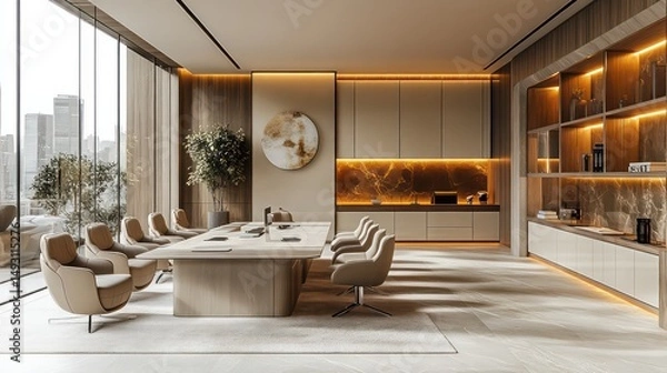 Obraz Chic office meeting space with floating desks and cozy lounge seating in modern design.