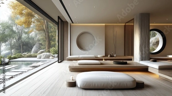 Obraz Chic office meeting space with floating desks and cozy lounge seating in modern design.