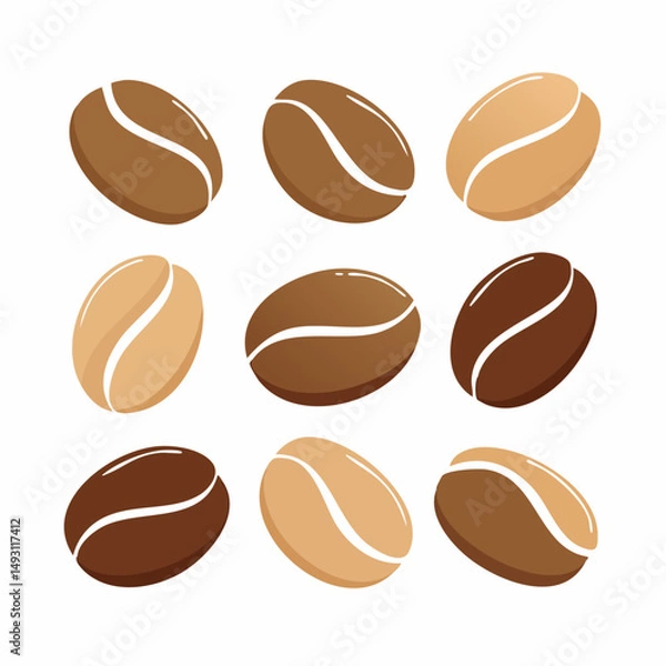 Fototapeta Flat Vector Coffee Beans Set in Various Shapes and Angles, Brown Tones, Isolated on White Background