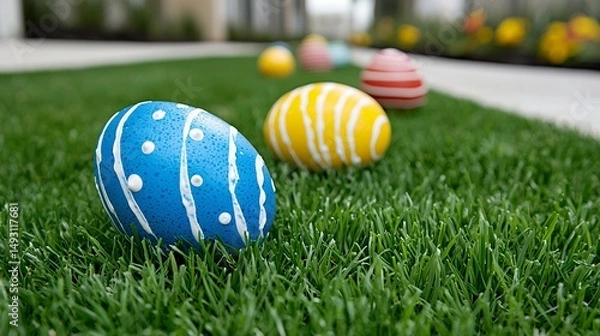 Fototapeta Painted Easter Eggs on Green Grass