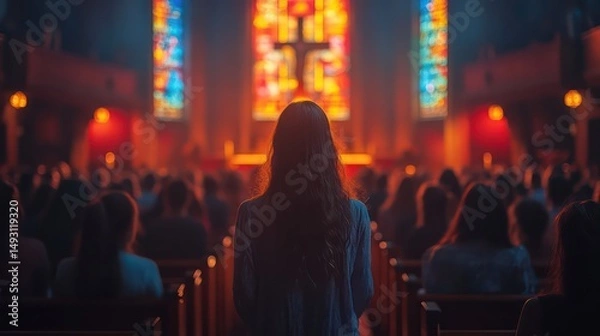 Obraz Christian congregation singing hymns together in a bright, modern church setting.