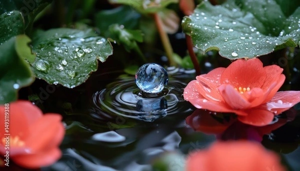 Obraz Raindrop anomaly in nature clear blue amidst red storms garden pond macro photography peaceful environment