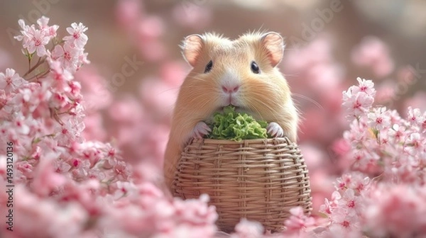 Obraz Chubby guinea pig happily munches lettuce, set against soft peach and white background.