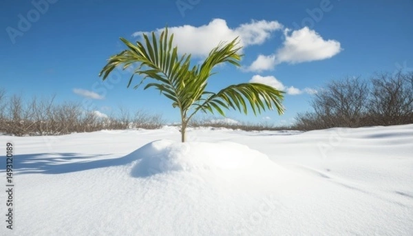Obraz Surreal tropical palm tree encountering snowy landscape nature photography winter wonderland unique botanical concept