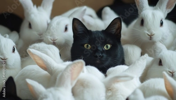 Obraz Superstition and contrast a black cat among white rabbits in nature photography close-up enigmatic scene