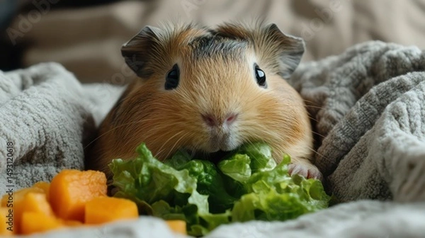 Obraz Chubby guinea pig happily munches lettuce, set against soft peach and white background.
