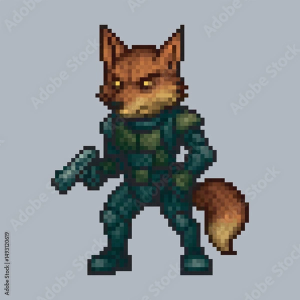 Fototapeta fox soldier character in pixel art style with isolated background