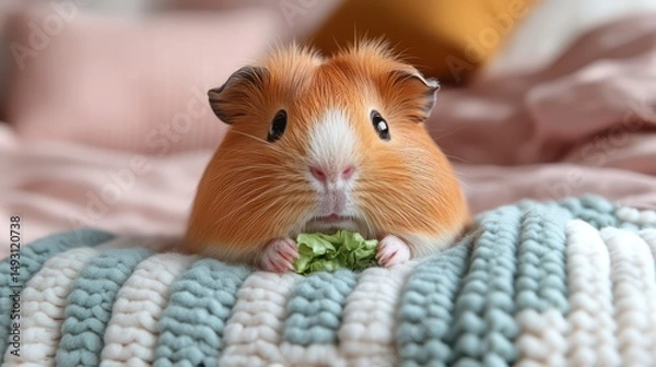 Obraz Chubby guinea pig happily munches lettuce, set against soft peach and white background.