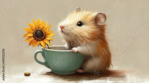 Obraz Chubby hamster holds sunflower seed, sitting in teacup with soft pastel lavender backdrop.