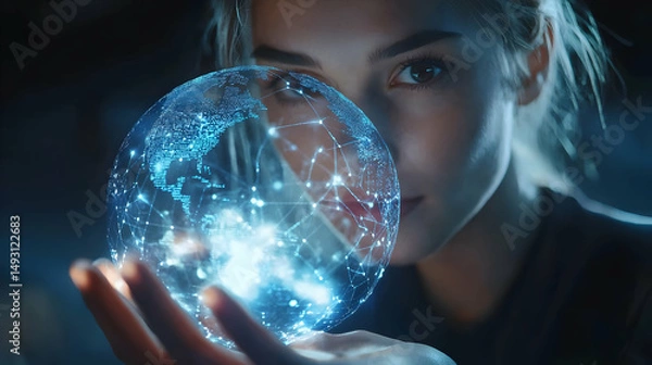 Obraz Digital Connection: Young Woman Gazes at Glowing Earth Sphere