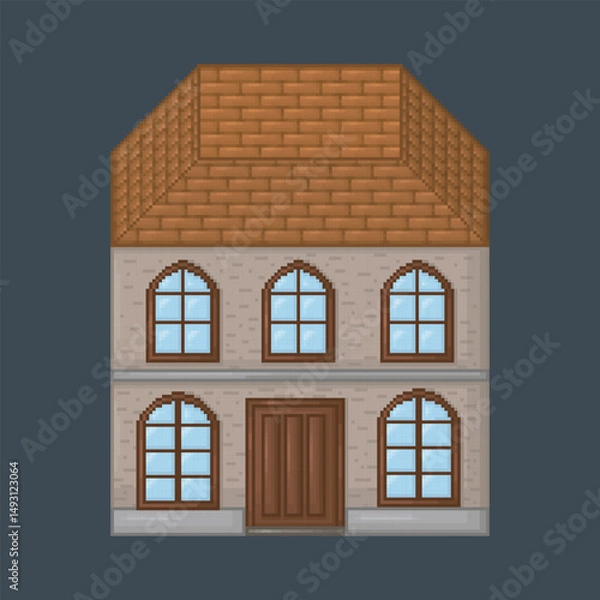 Fototapeta top view two story home building with brown roof tile in pixel art style