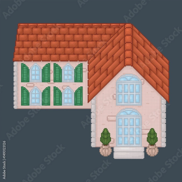 Fototapeta top view L shape home building in pixel art style with isolated background