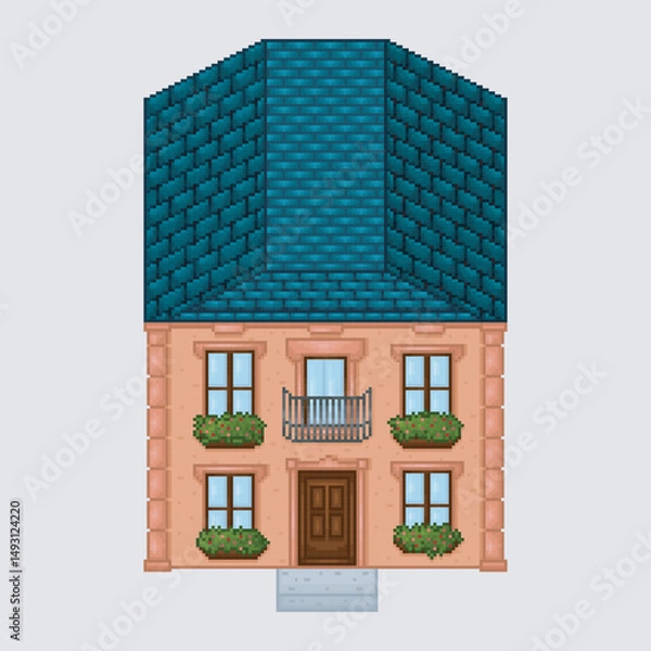 Fototapeta top view two story home building in pixel art style with isolated background