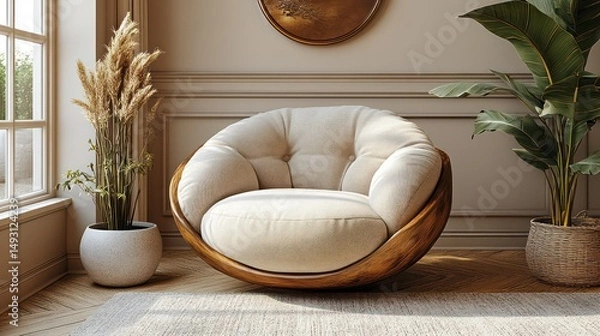 Obraz A classic, comfortable chair with a patterned fabric, framed by a smooth, neutral-toned wall 