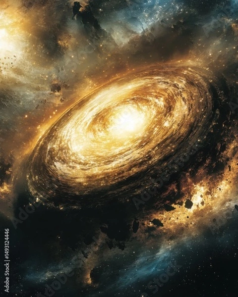 Fototapeta Dramatic cosmic spiral galaxy illustration showcases deep space exploration and astronomical phenomenon with bright light and dark nebula