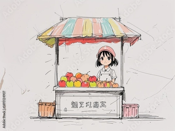 Obraz Anime young girl fruit stand seller with basket of apples in sunny pastel anime style on art line drawing in plain white background