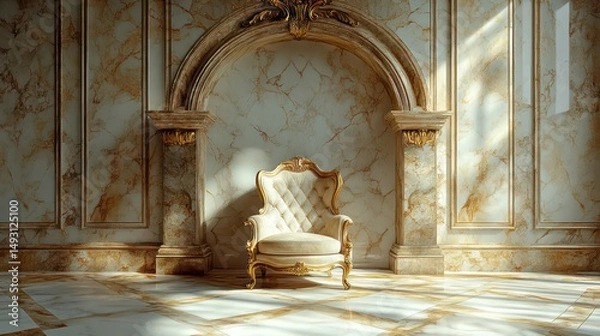 Obraz A classic, comfortable chair with a patterned fabric, framed by a smooth, neutral-toned wall 