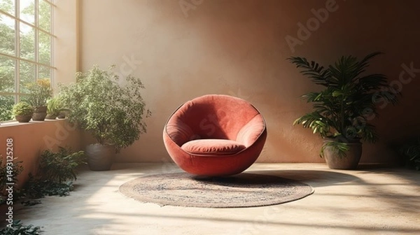 Obraz A classic, comfortable chair with a patterned fabric, framed by a smooth, neutral-toned wall 