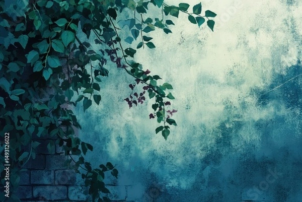 Fototapeta Lush green foliage climbs a textured teal brick wall, creating a serene, moody ambiance.