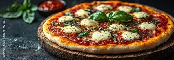 Obraz Classic pizza with crispy crust, pepperoni, mozzarella, oregano, served on wooden board.