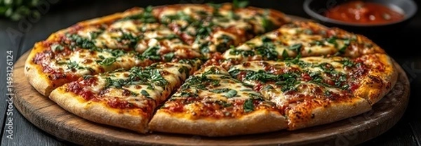 Obraz Classic pizza with crispy crust, pepperoni, mozzarella, oregano, served on wooden board.