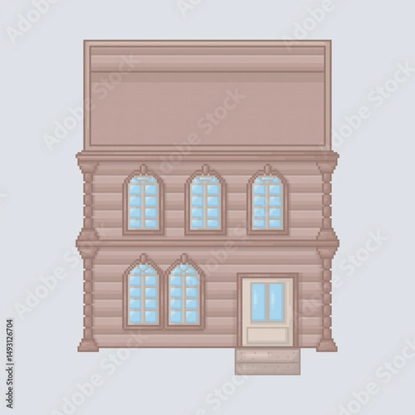 Fototapeta top view two story building in pixel art style with isolated background