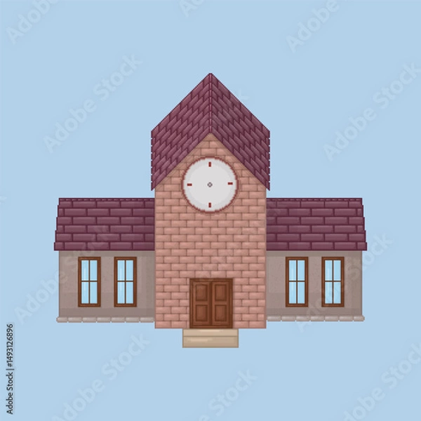 Fototapeta top view school building in pixel art style with isolated background
