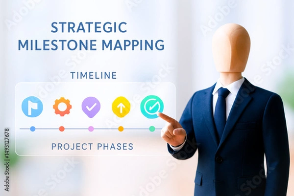 Fototapeta Faceless business person in suit points to strategic milestone mapping chart on screen, emphasizing leadership and teamwork in project planning
